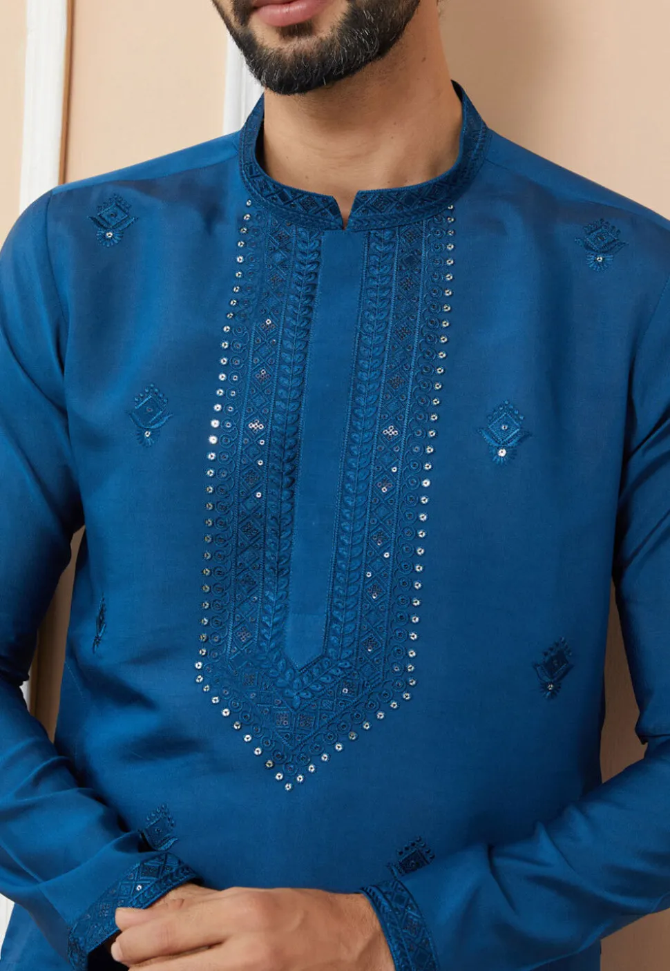 Embroidered Cotton Silk Kurta Set in Royal Blue