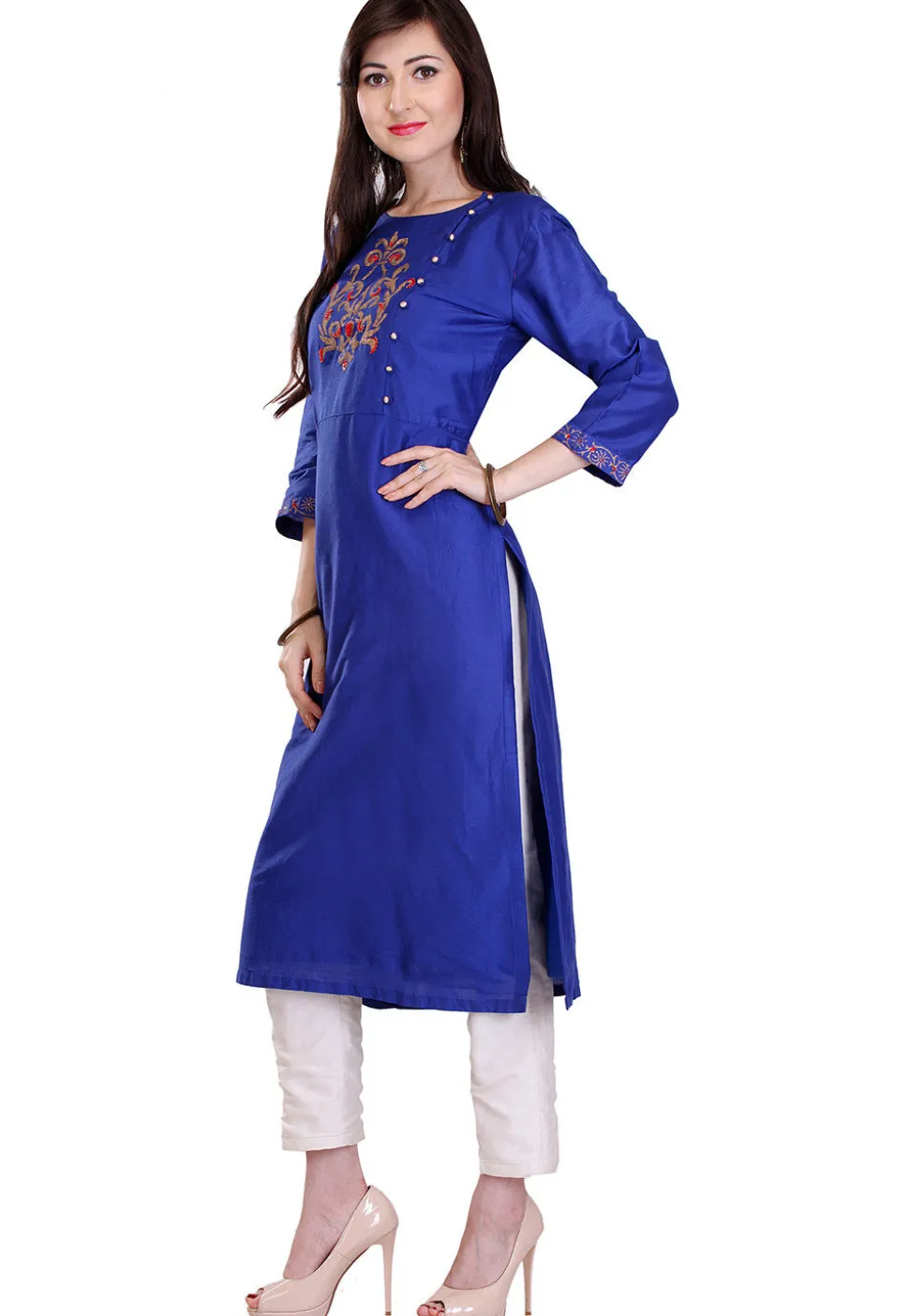 Embroidered Cotton Silk Kurta in Royal Blue