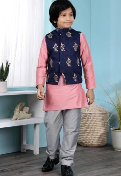Embroidered Cotton Silk Kurta Jacket Set in Pink