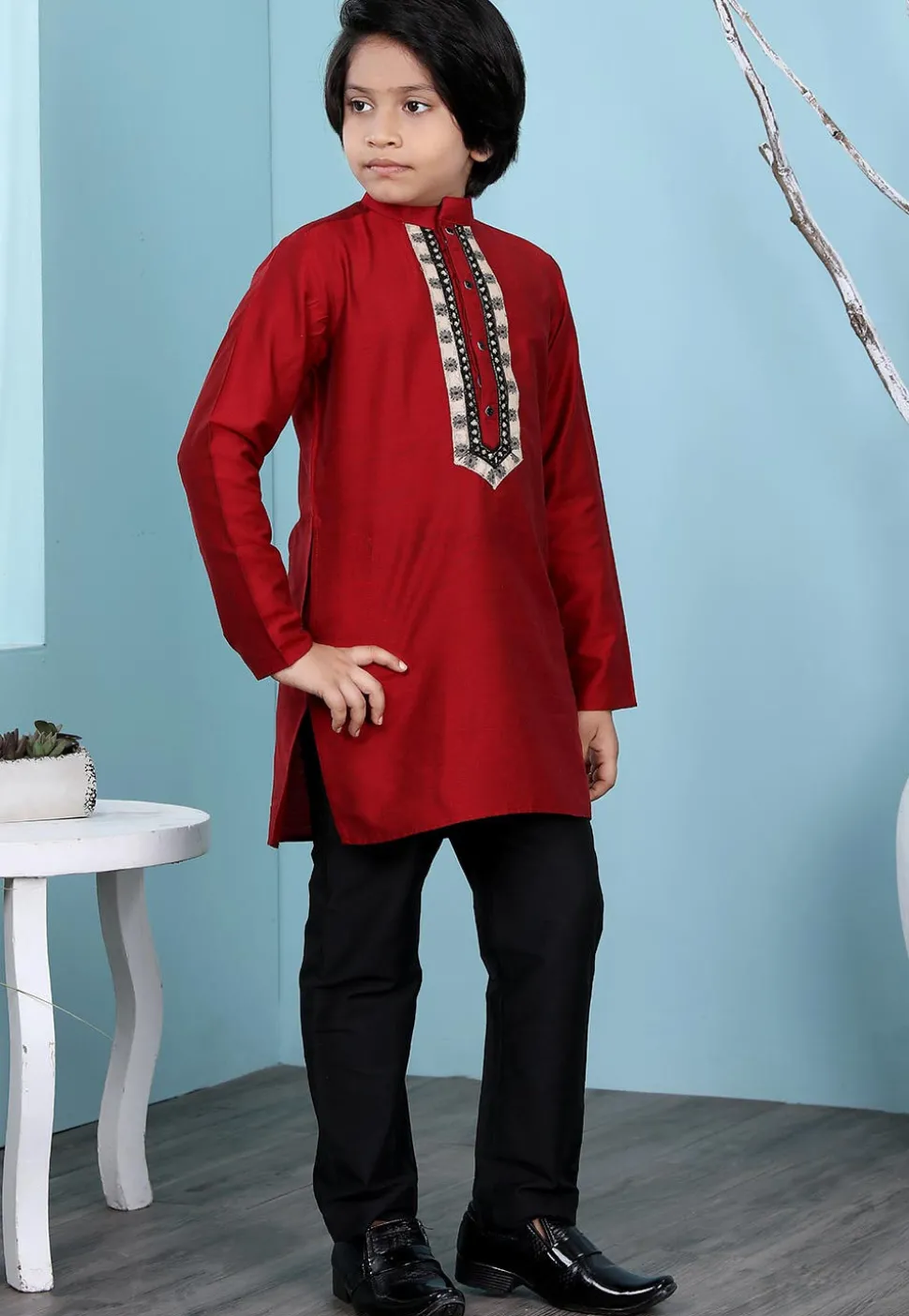 Embroidered Cotton Silk Kurta Set in Maroon