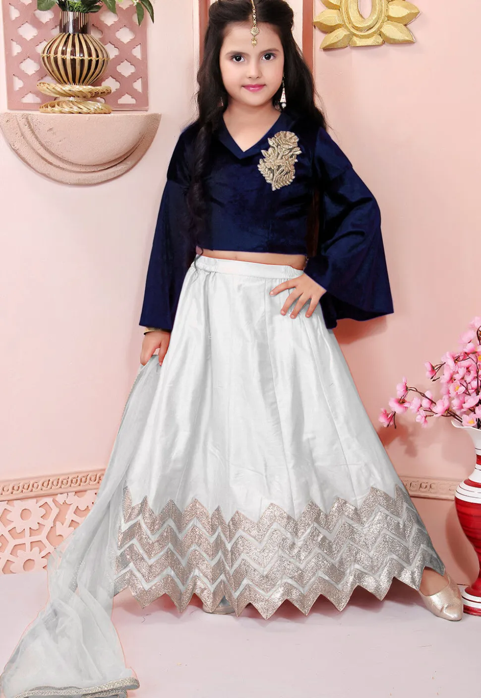 Embroidered Cotton Silk Lehenga in Off White