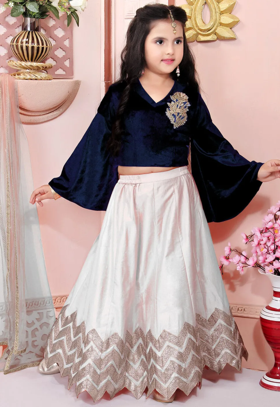 Embroidered Cotton Silk Lehenga in Off White