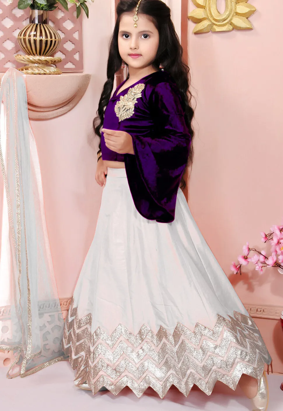 Embroidered Cotton Silk Lehenga in Off White
