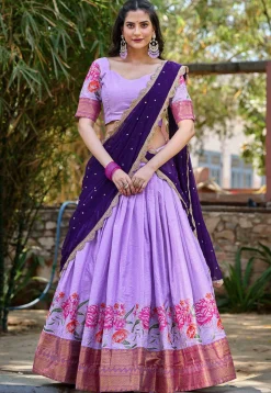 Embroidered Cotton Silk Lehenga in Purple