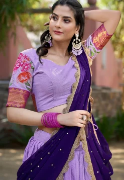 Embroidered Cotton Silk Lehenga in Purple
