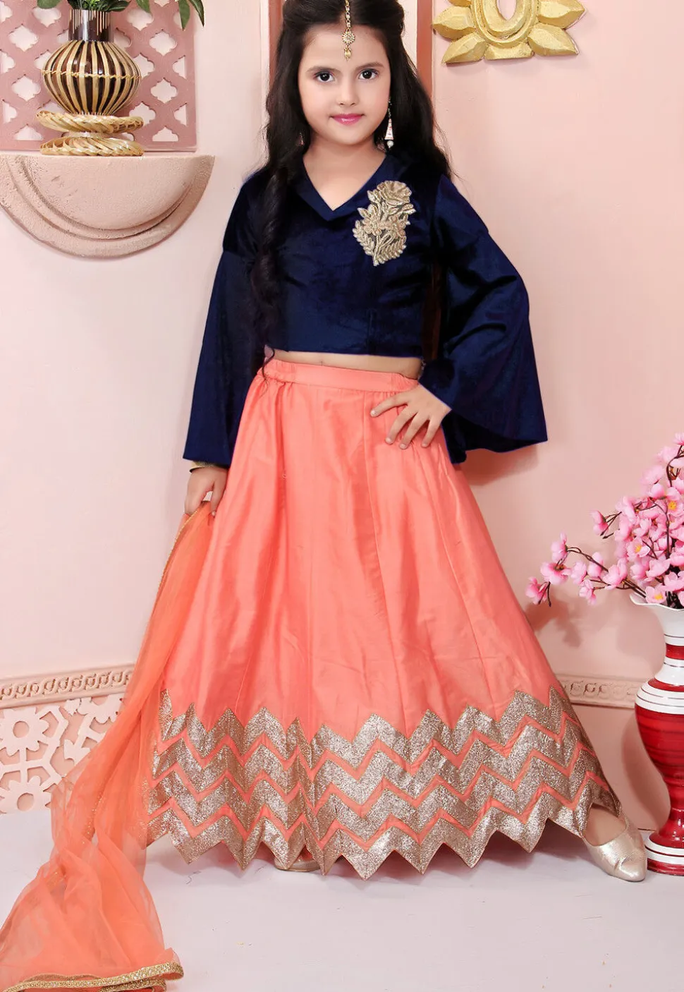 Embroidered Cotton Silk Lehenga in Peach