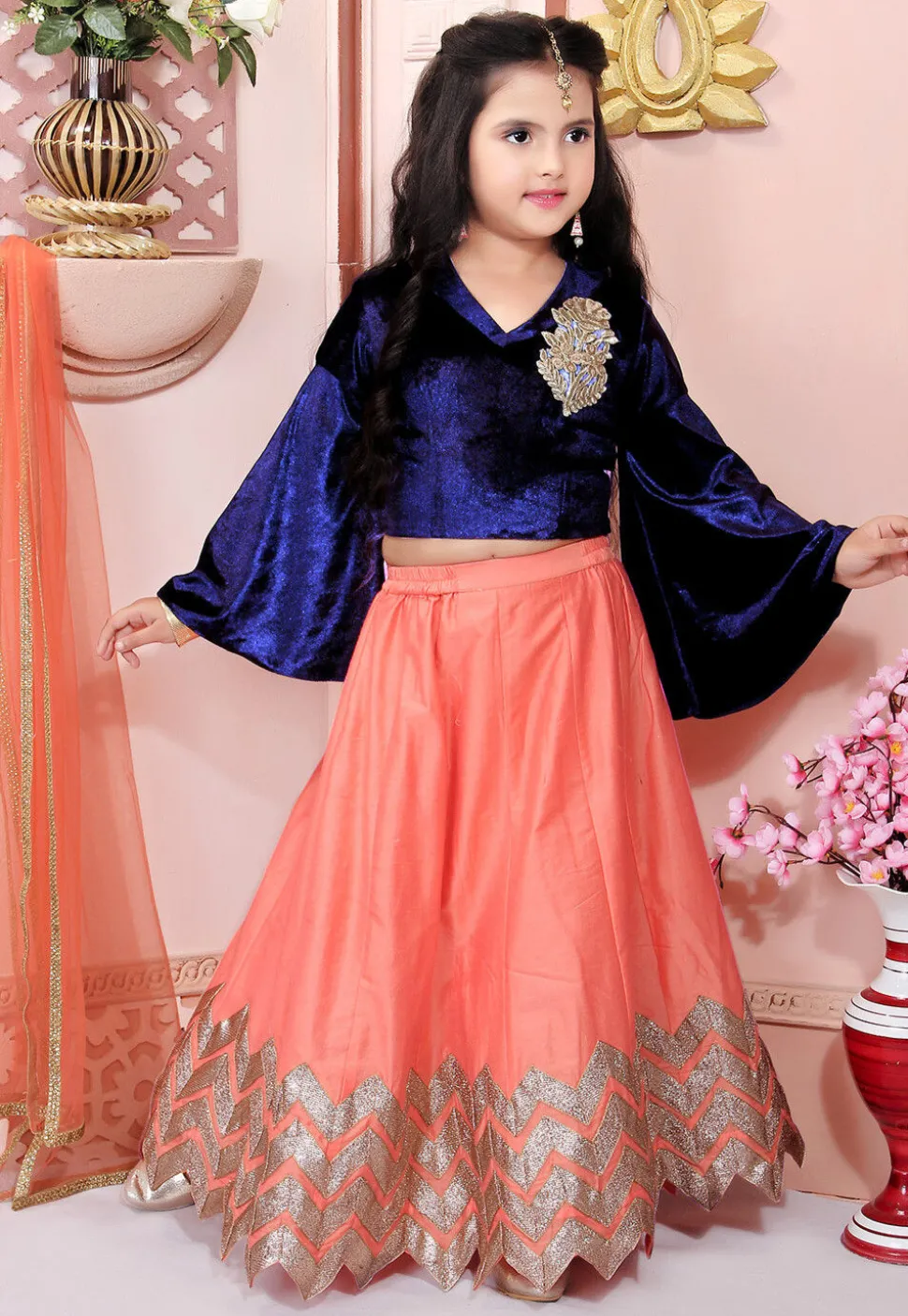 Embroidered Cotton Silk Lehenga in Peach
