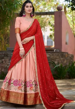 Embroidered Cotton Silk Lehenga in Peach