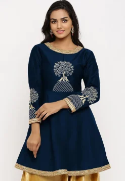 Embroidered Cotton Silk Peplum Style Kurta in Dark Blue