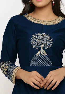 Embroidered Cotton Silk Peplum Style Kurta in Dark Blue