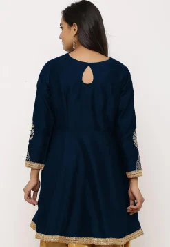 Embroidered Cotton Silk Peplum Style Kurta in Dark Blue