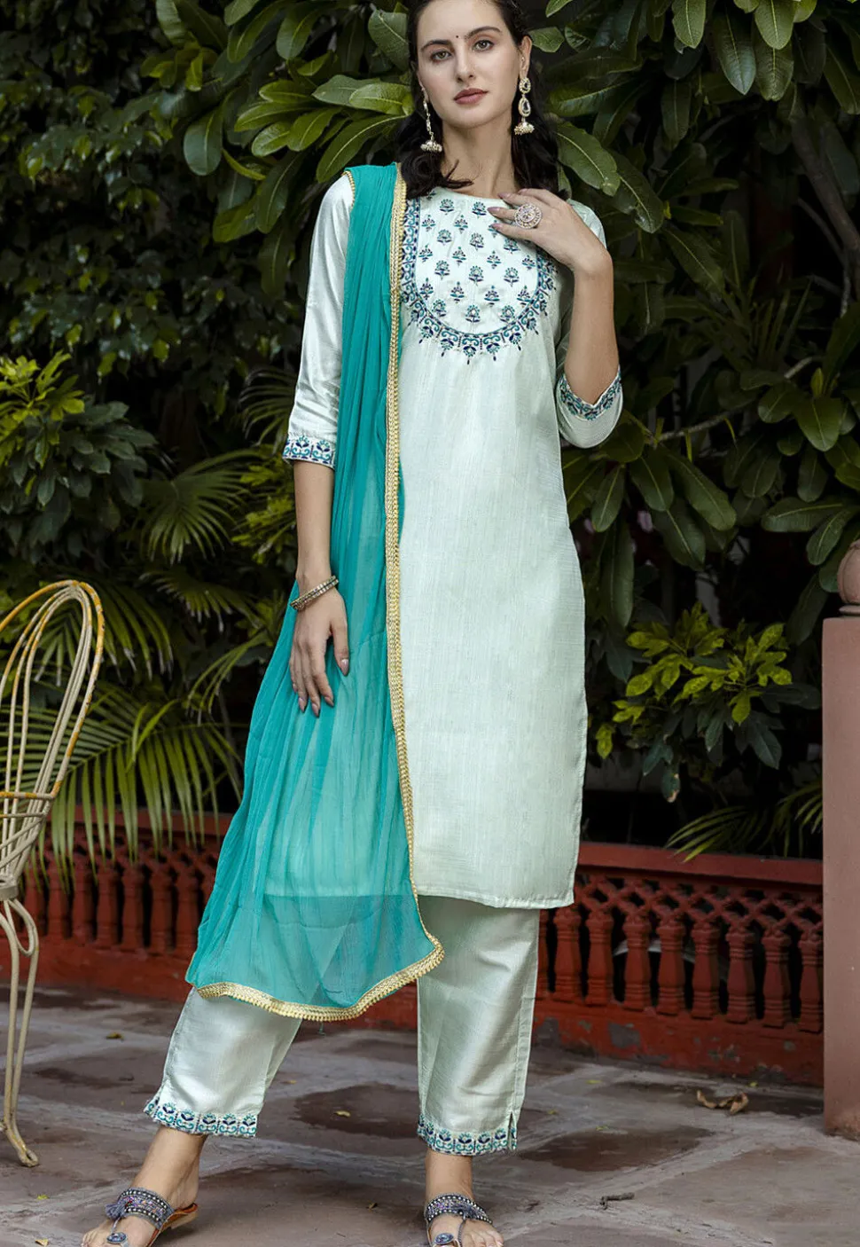 Embroidered Cotton Silk Pakistani Suit in Pastel Green