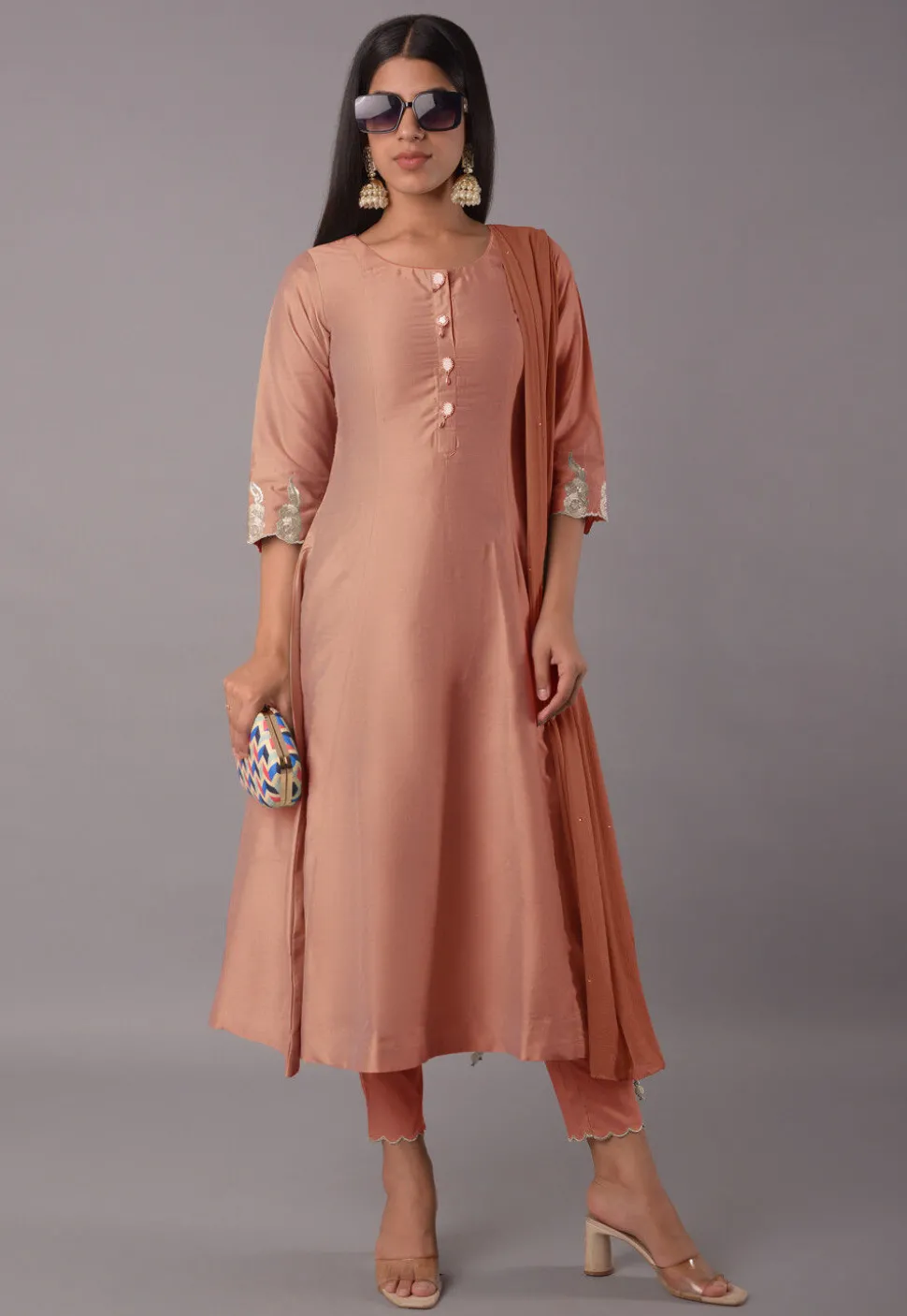 Embroidered Cotton Silk Pakistani Suit in Peach
