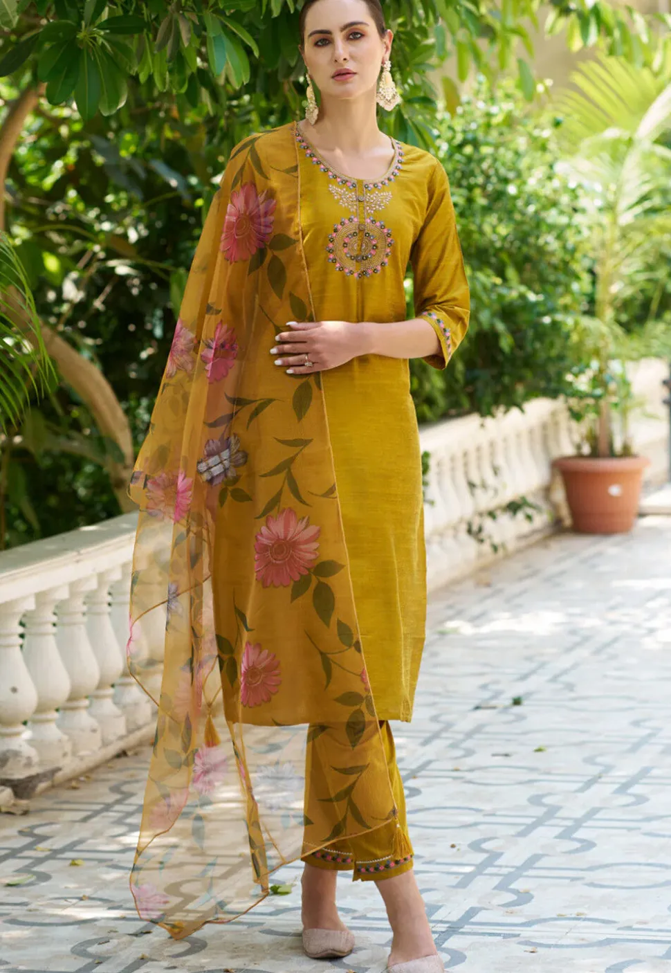 Embroidered Cotton Silk Pakistani Suit in Mustard