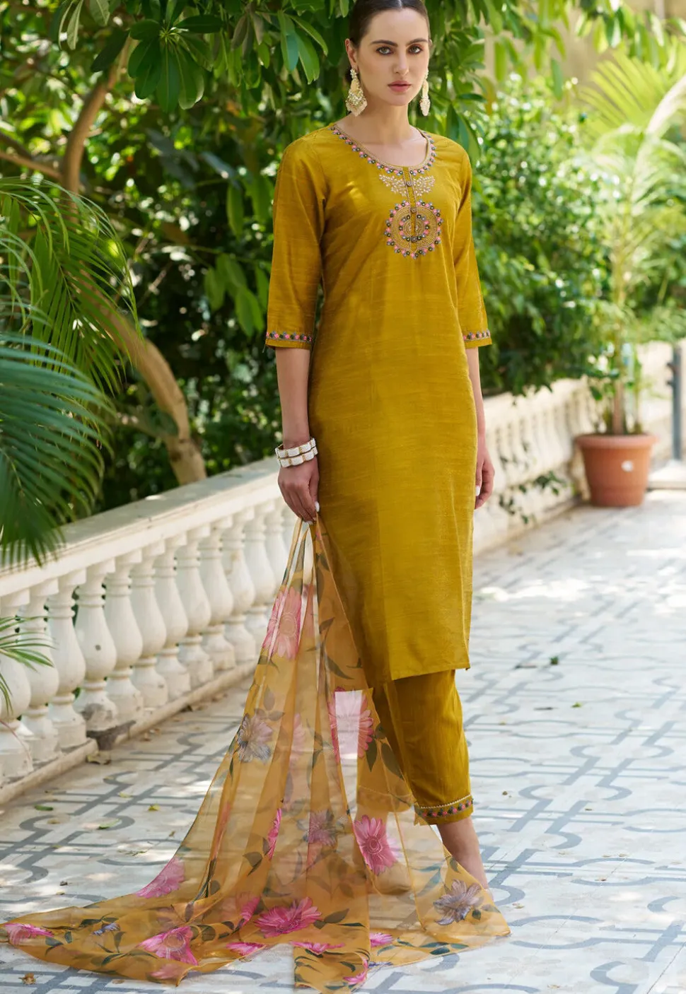 Embroidered Cotton Silk Pakistani Suit in Mustard