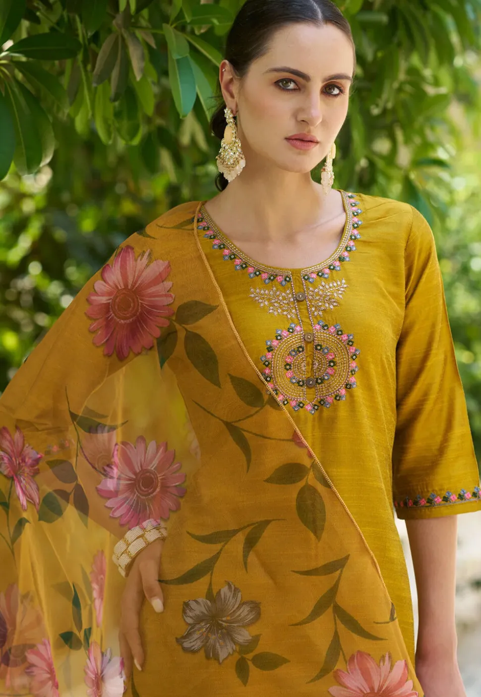Embroidered Cotton Silk Pakistani Suit in Mustard