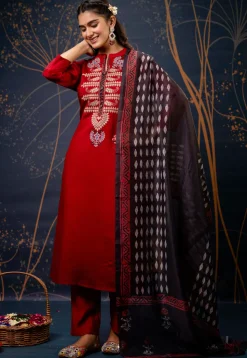 Embroidered Cotton Silk Pakistani Suit in Maroon