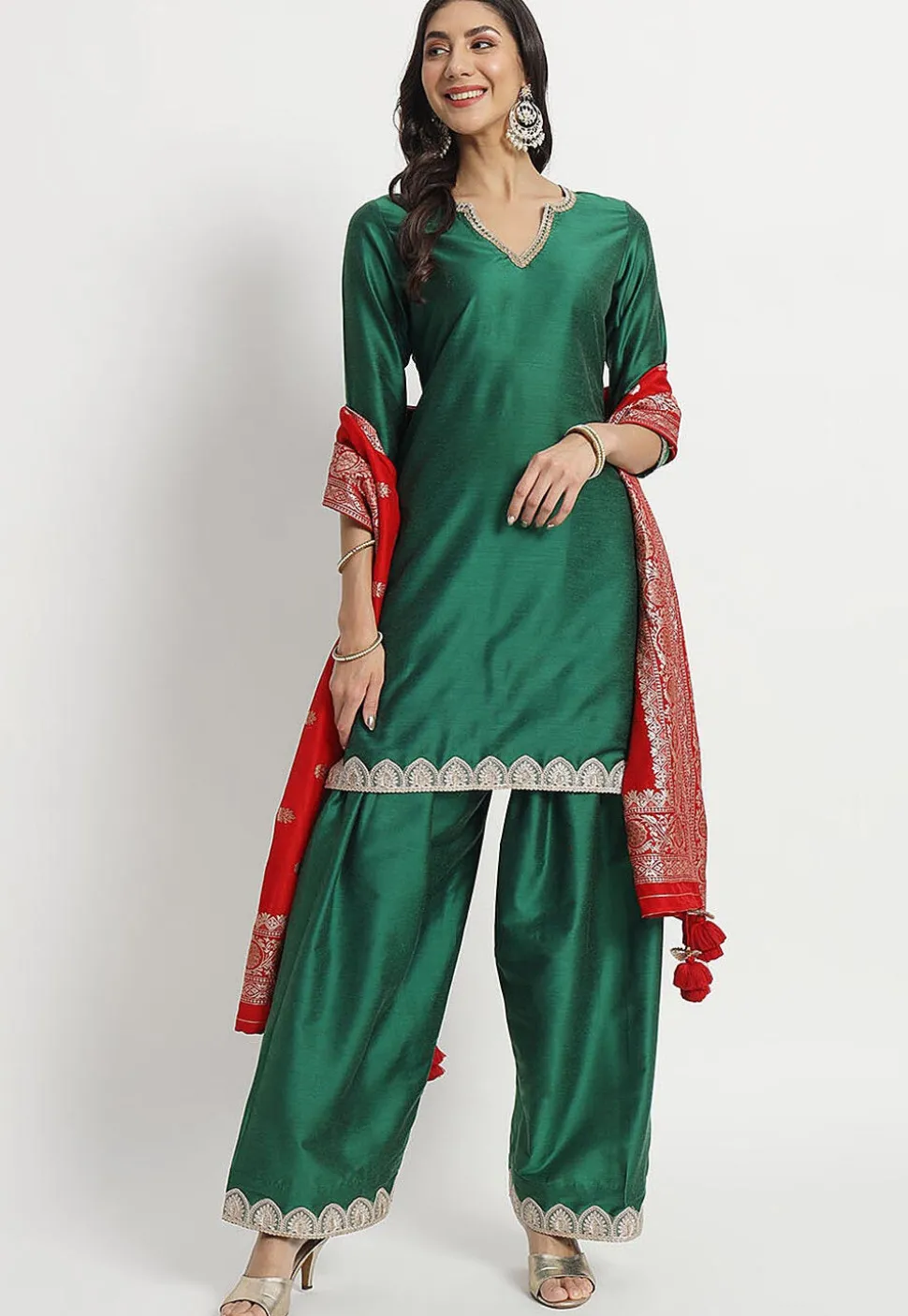 Embroidered Cotton Silk Punjabi Suit in Dark Green