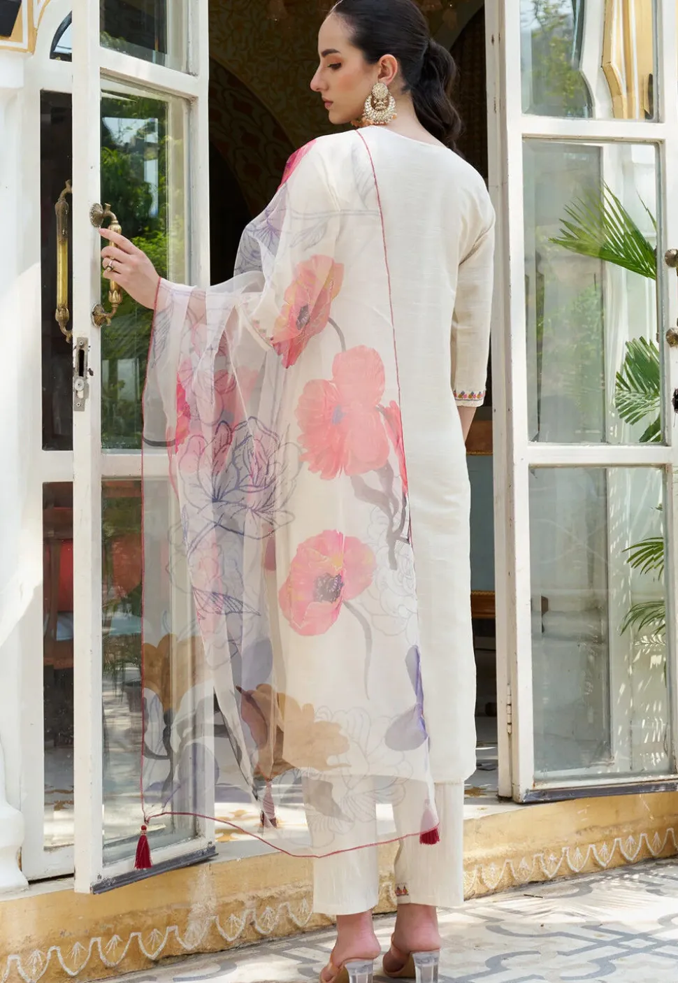 Embroidered Cotton Silk Pakistani Suit in Off White