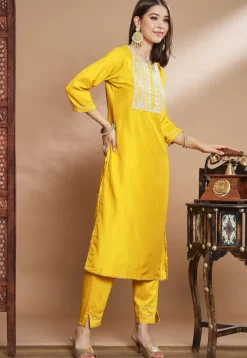 Embroidered Cotton Silk Pakistani Suit in Yellow
