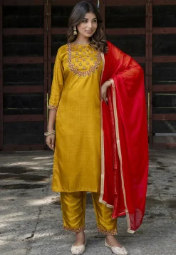 Embroidered Cotton Silk Pakistani Suit in Mustard