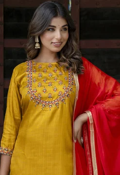Embroidered Cotton Silk Pakistani Suit in Mustard