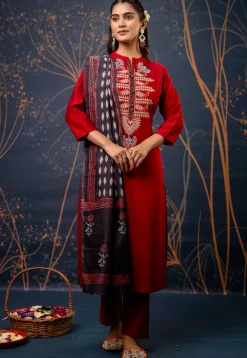 Embroidered Cotton Silk Pakistani Suit in Maroon