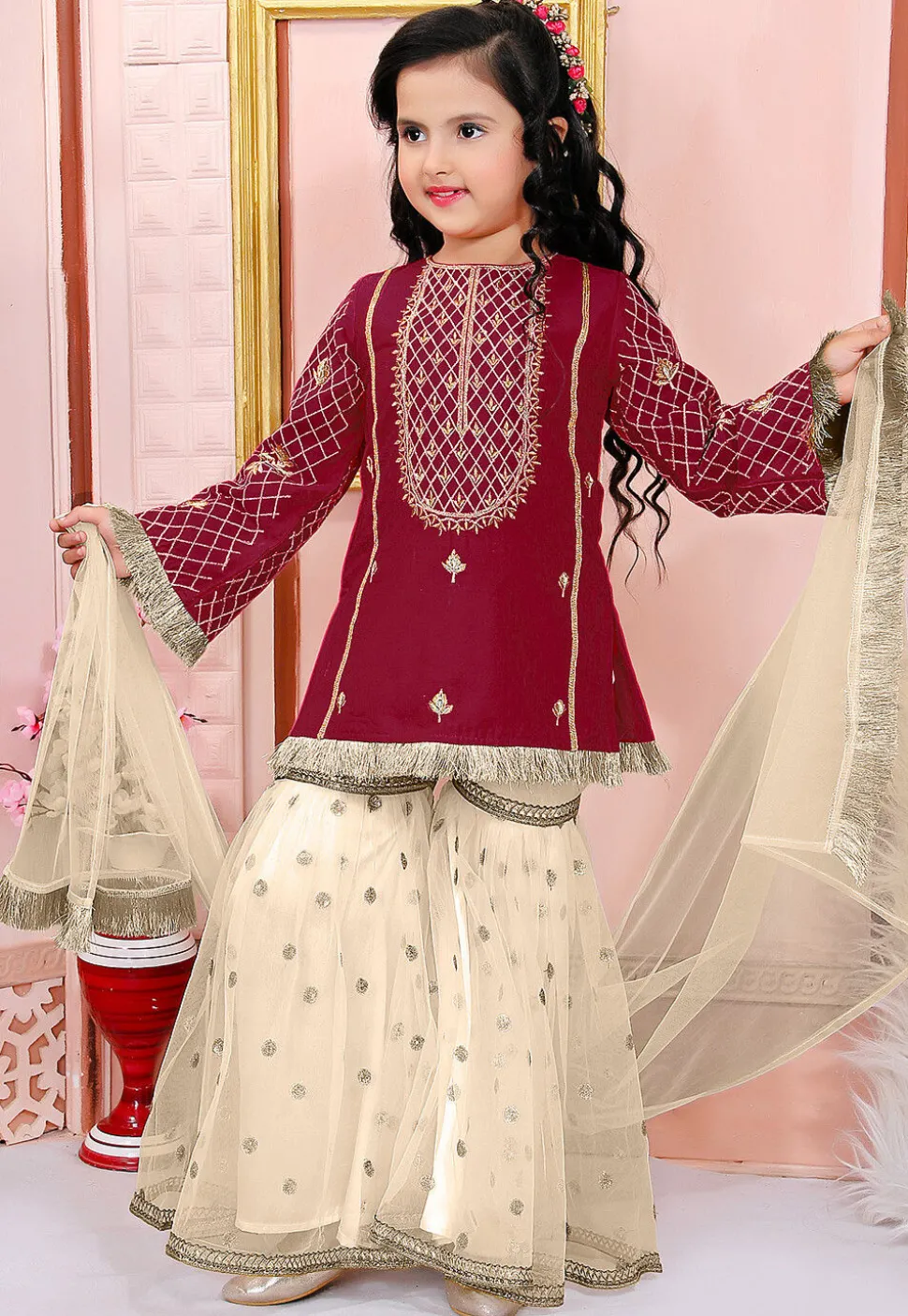 Embroidered Cotton Silk Pakistani Suit in Maroon
