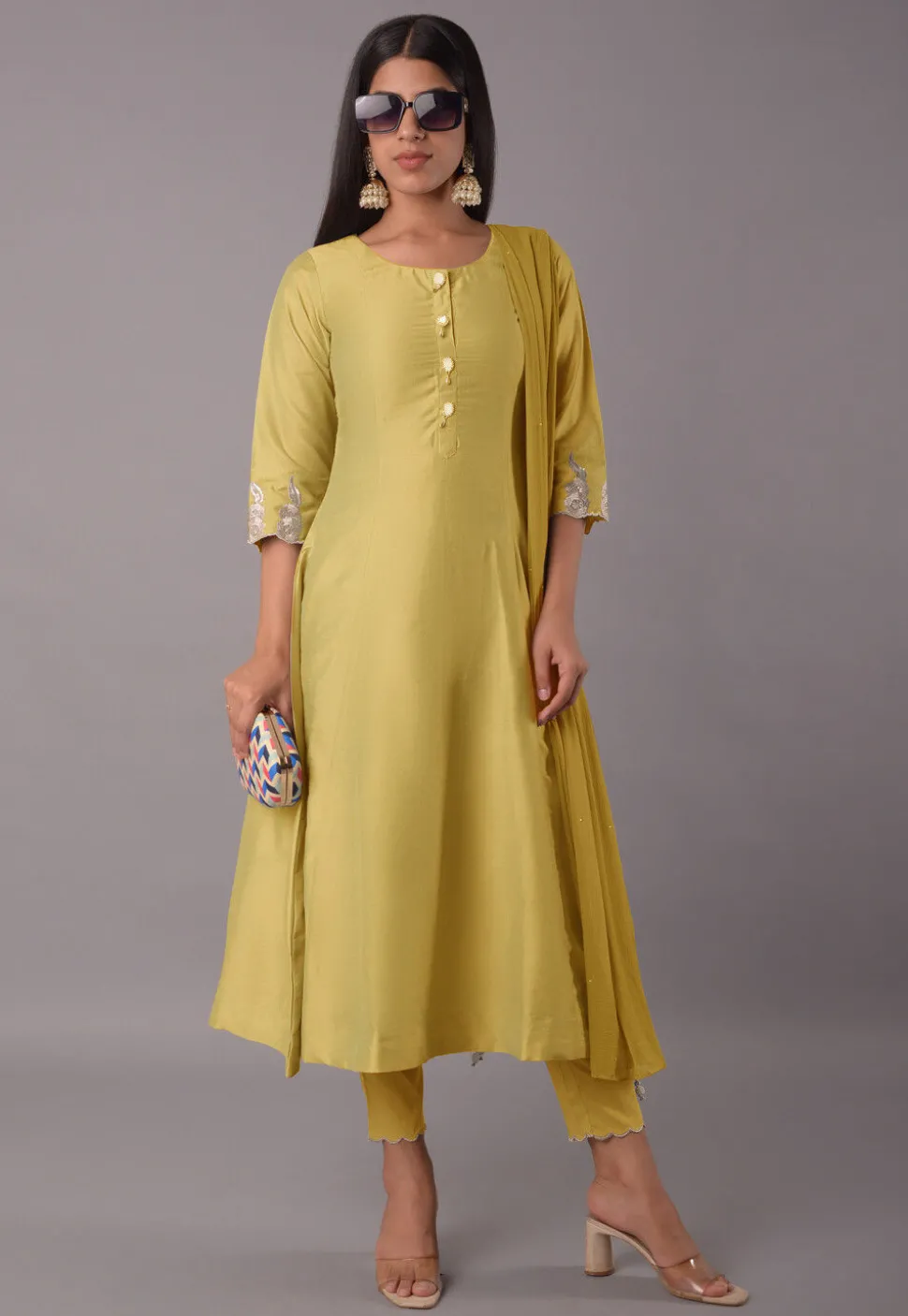 Embroidered Cotton Silk Pakistani Suit in Mustard