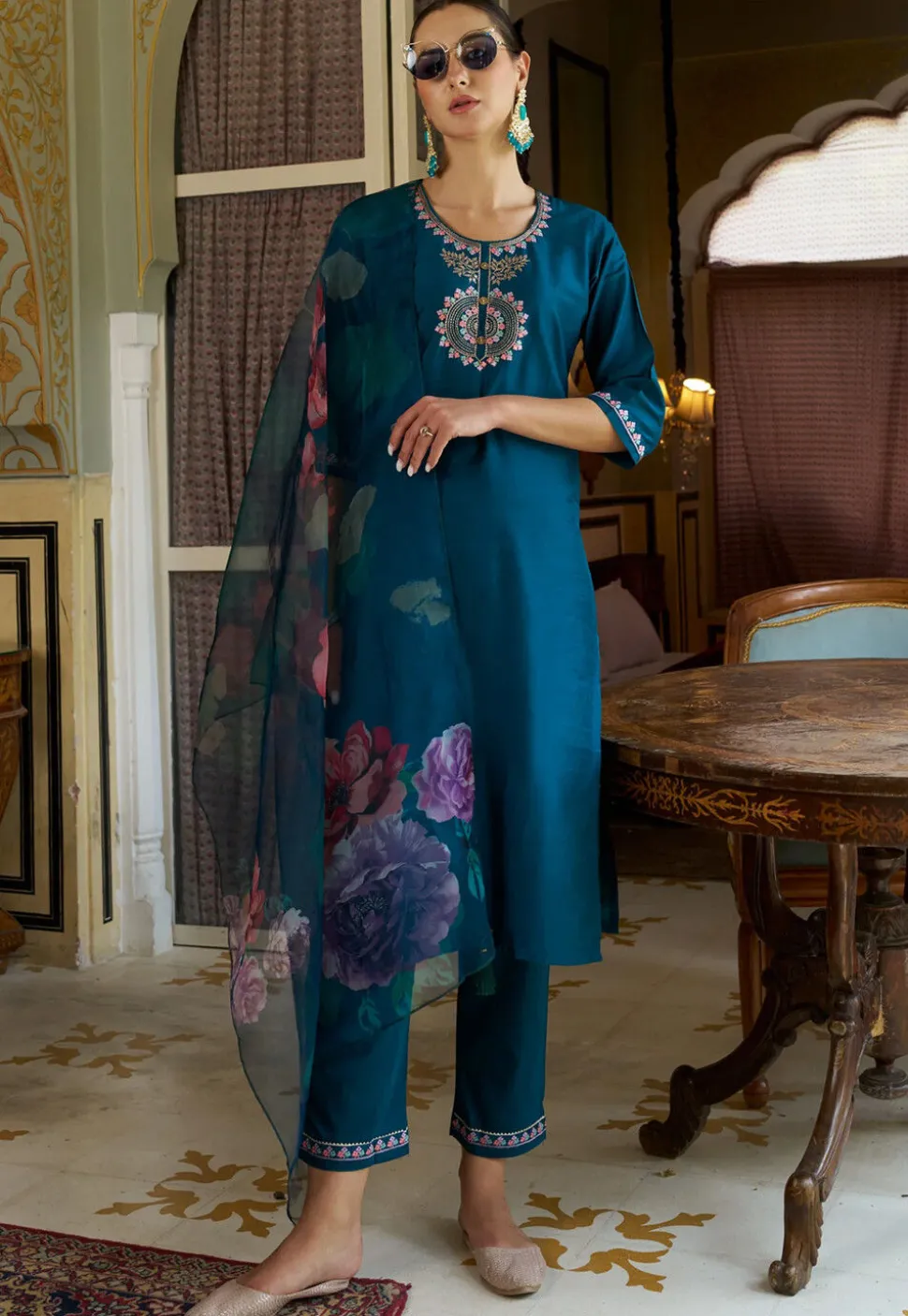 Embroidered Cotton Silk Pakistani Suit in Teal Blue