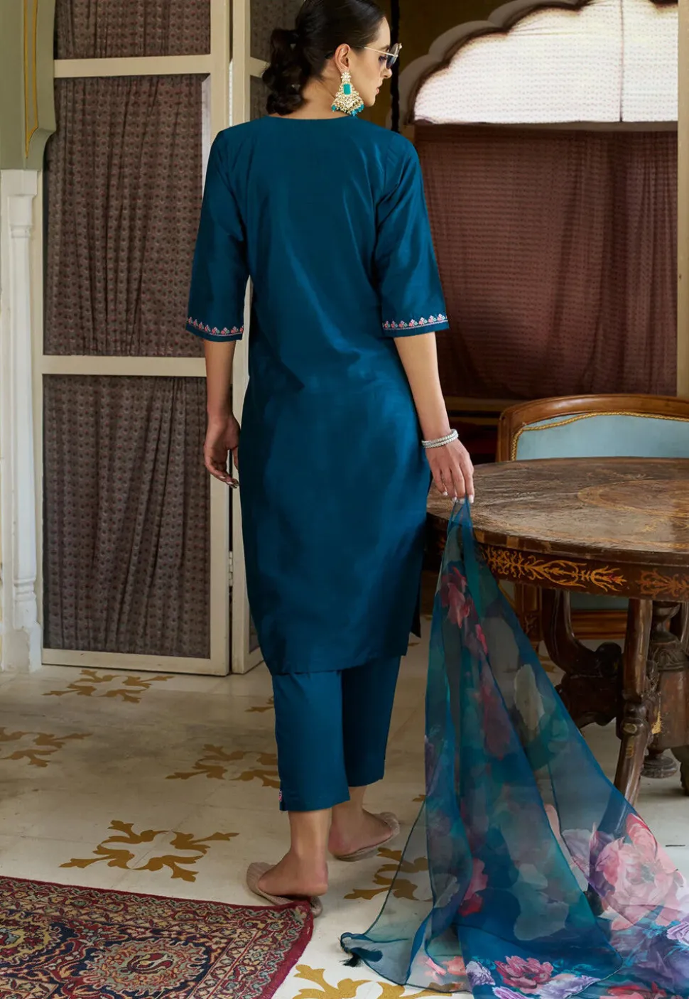 Embroidered Cotton Silk Pakistani Suit in Teal Blue