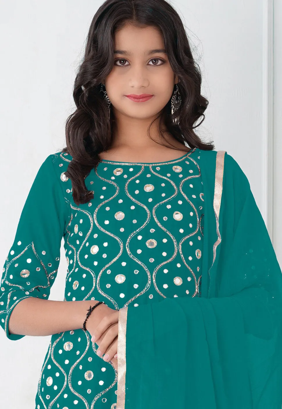 Embroidered Cotton Silk Pakistani Suit in Teal Green