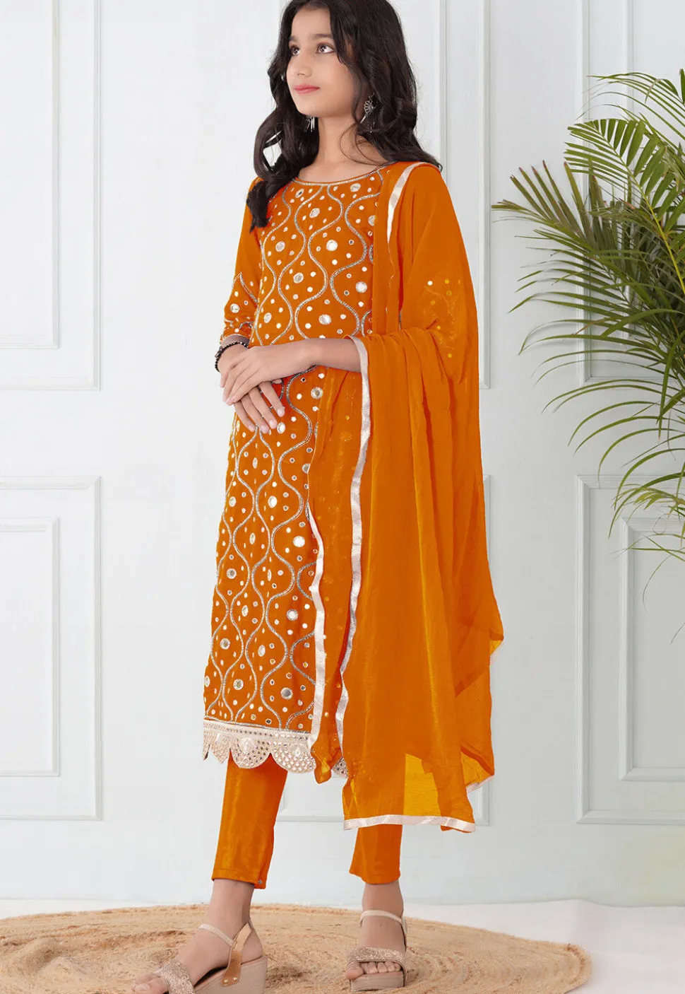 Embroidered Cotton Silk Pakistani Suit in Orange