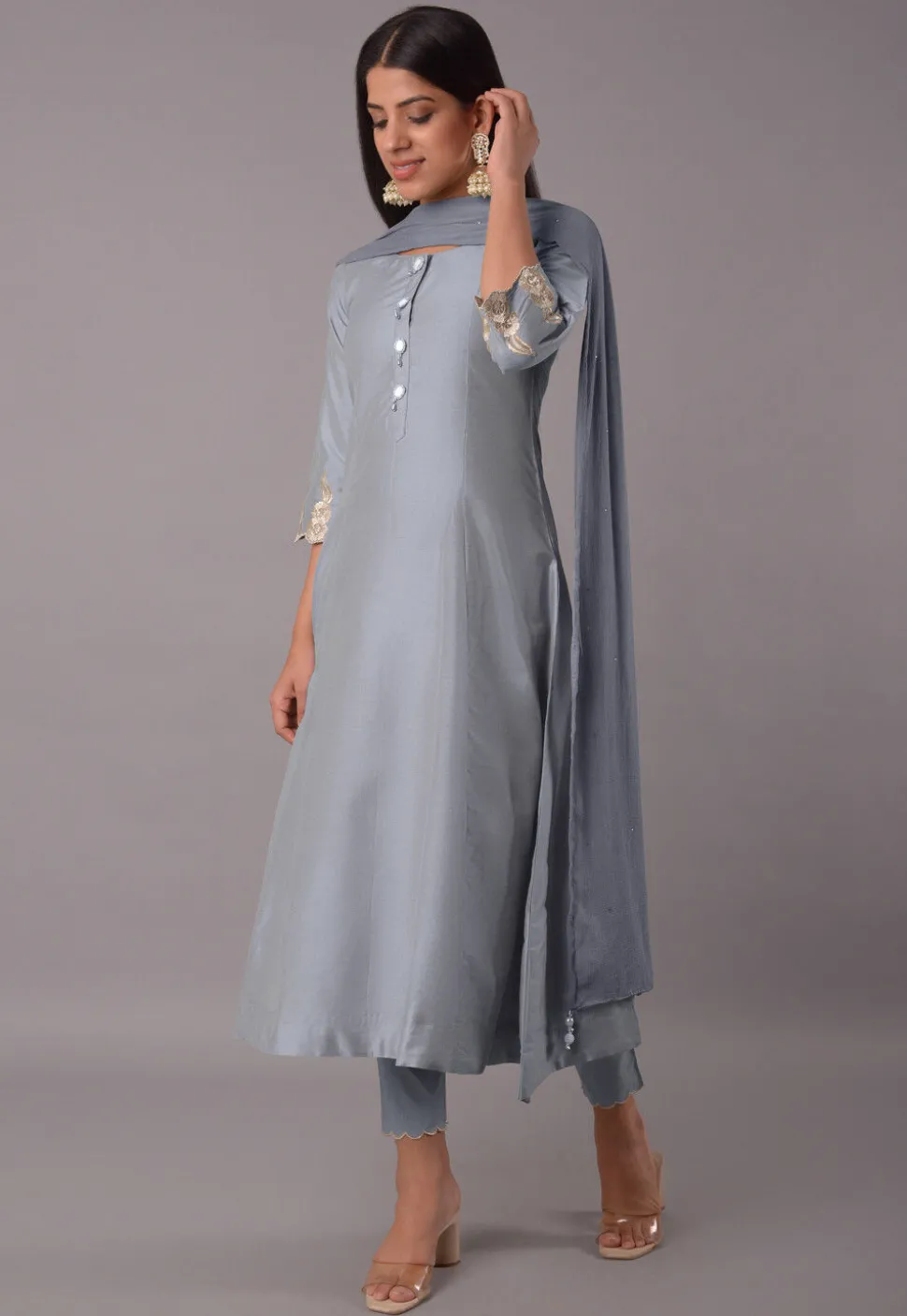 Embroidered Cotton Silk Pakistani Suit in Grey
