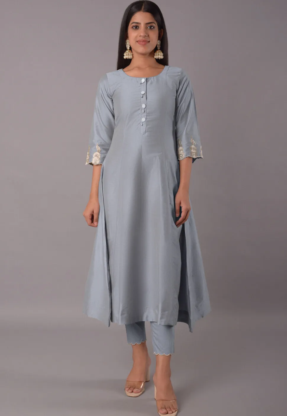 Embroidered Cotton Silk Pakistani Suit in Grey