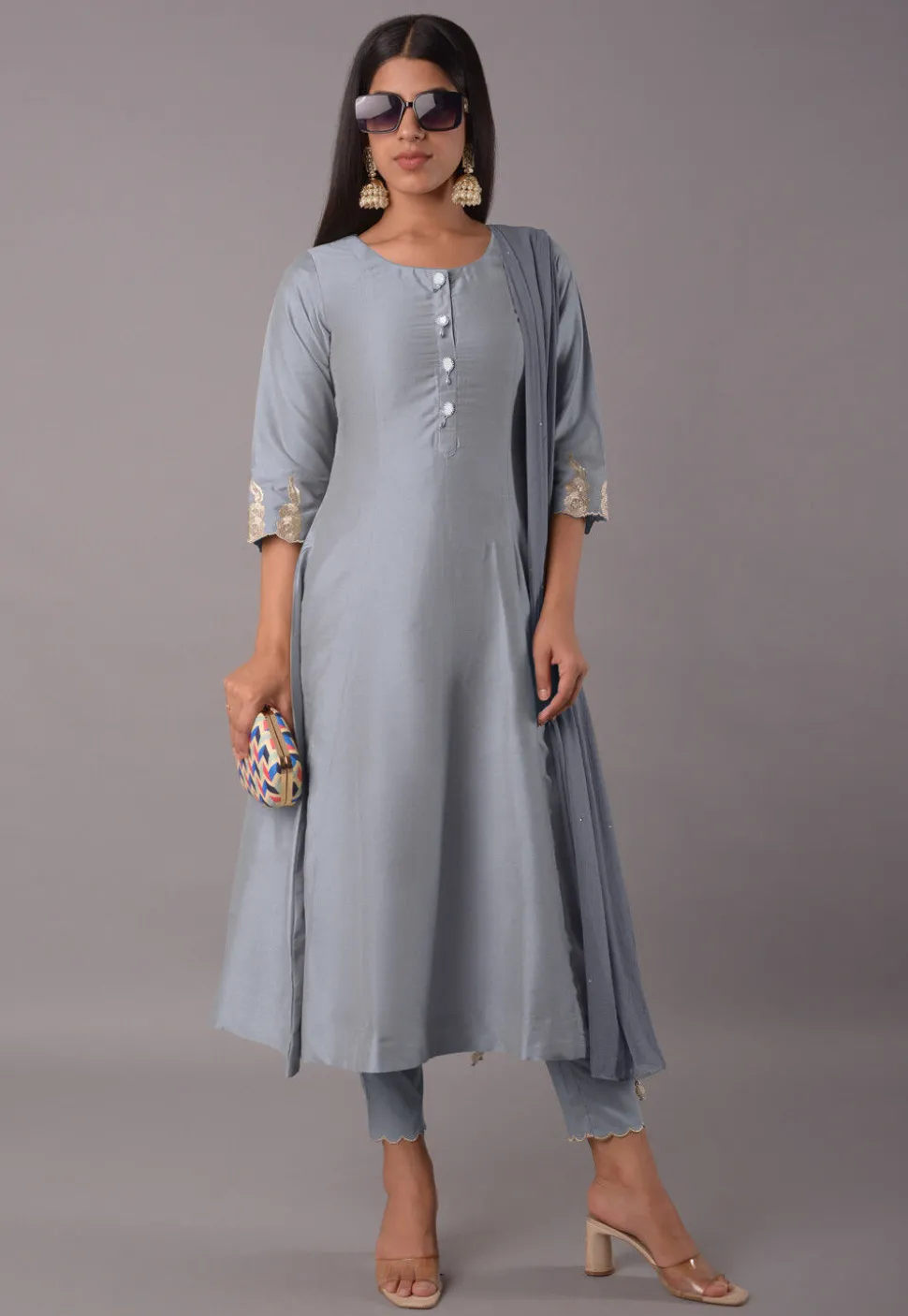 Embroidered Cotton Silk Pakistani Suit in Grey