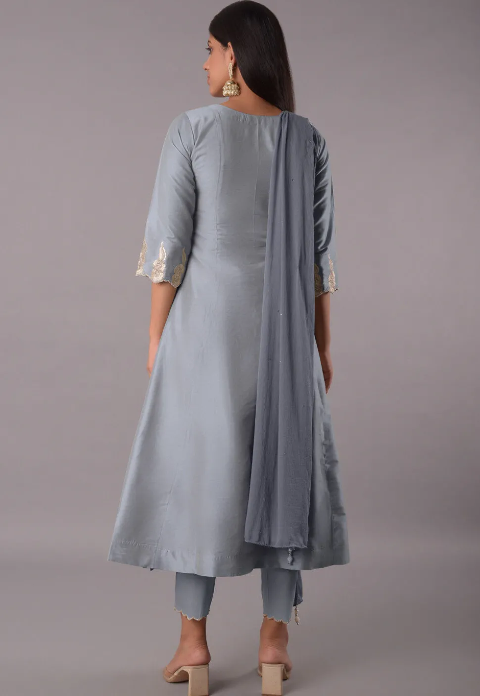Embroidered Cotton Silk Pakistani Suit in Grey