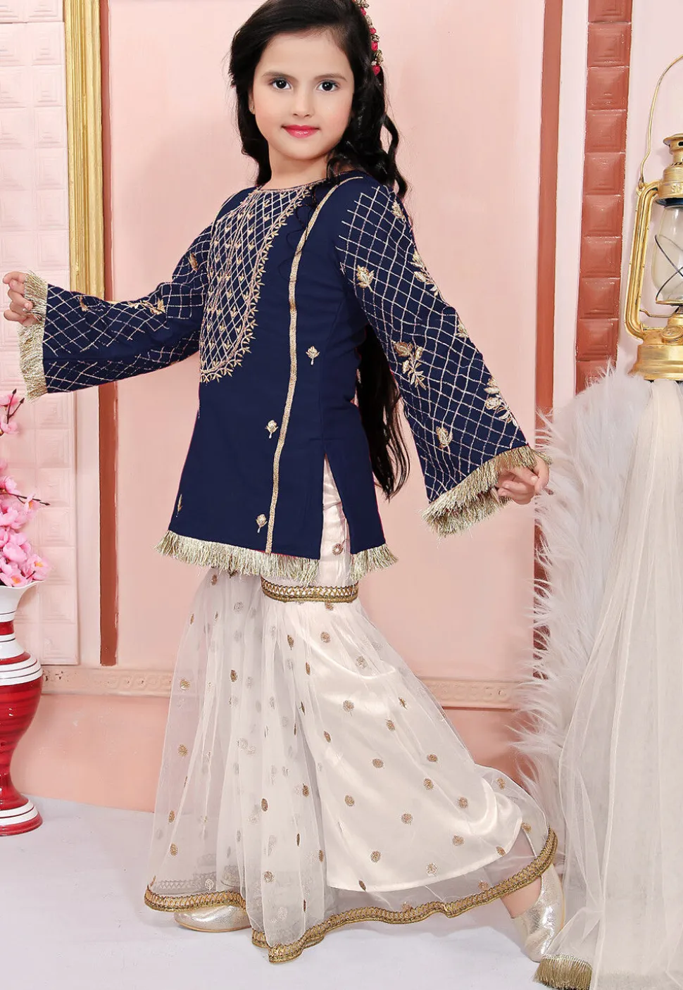 Embroidered Cotton Silk Pakistani Suit in Navy Blue