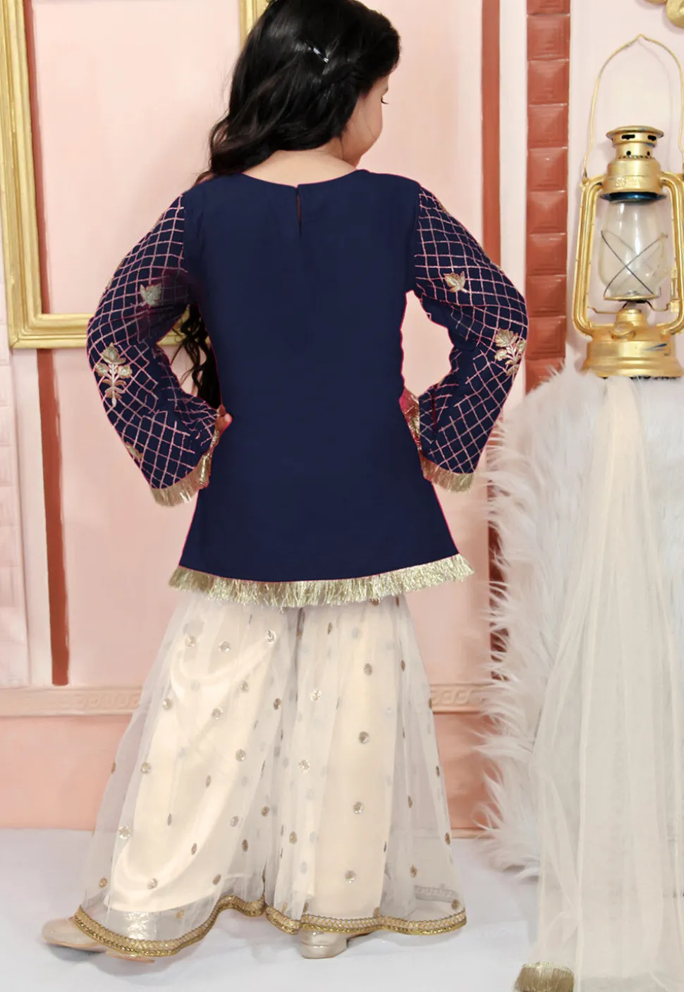 Embroidered Cotton Silk Pakistani Suit in Navy Blue