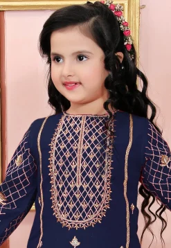 Embroidered Cotton Silk Pakistani Suit in Navy Blue