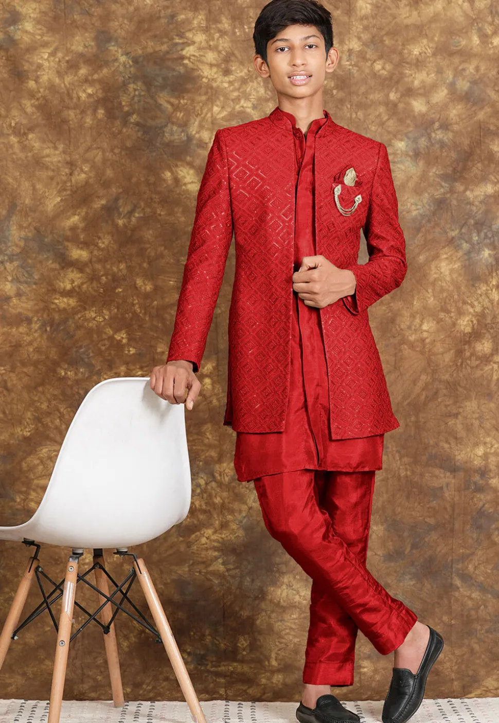 Embroidered Cotton Silk Sherwani in Red