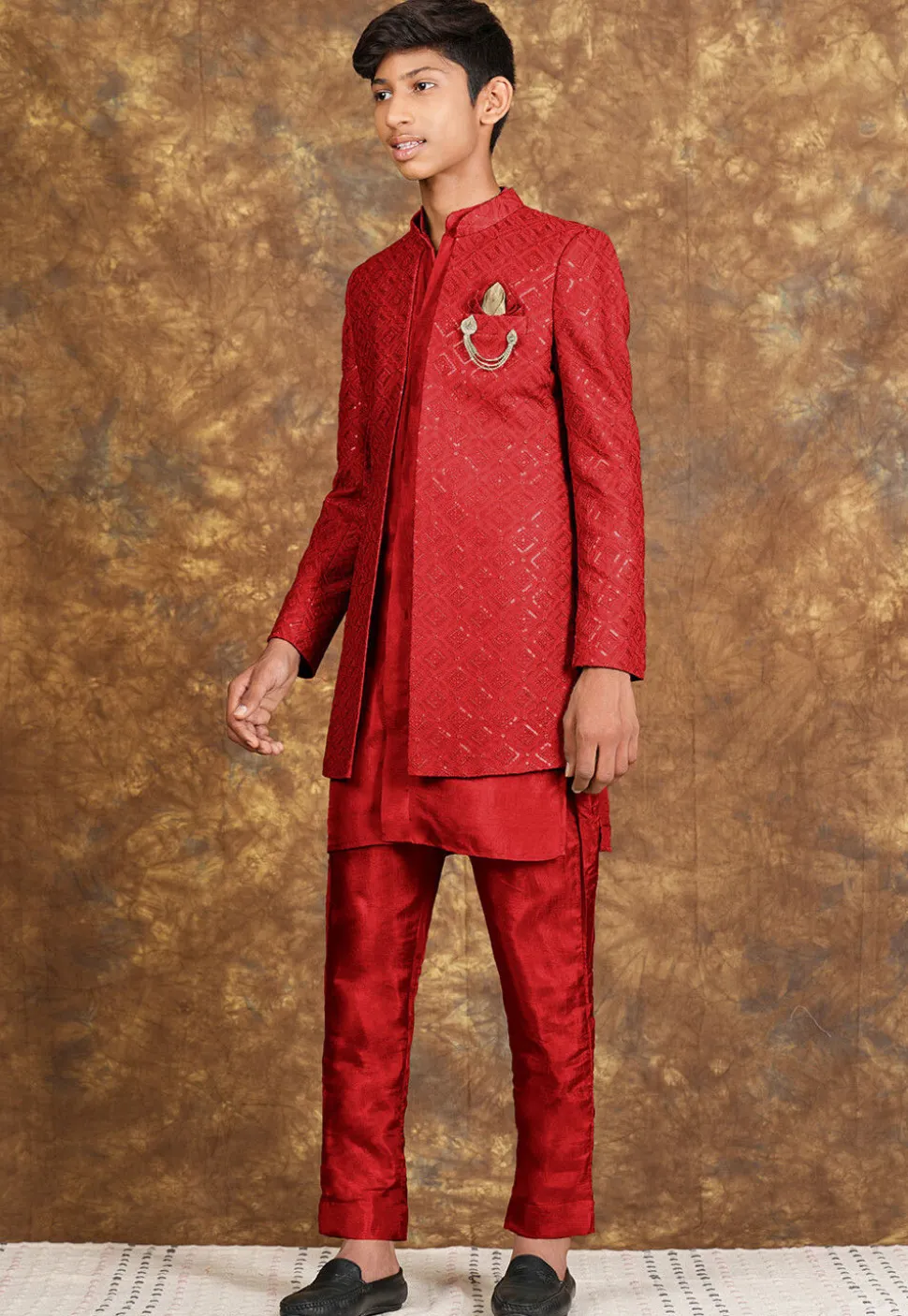 Embroidered Cotton Silk Sherwani in Red