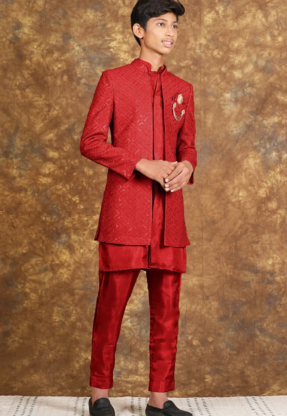 Embroidered Cotton Silk Sherwani in Red