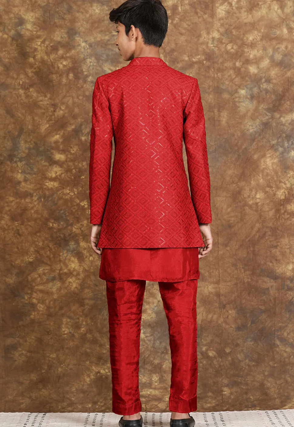 Embroidered Cotton Silk Sherwani in Red