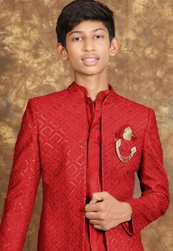 Embroidered Cotton Silk Sherwani in Red