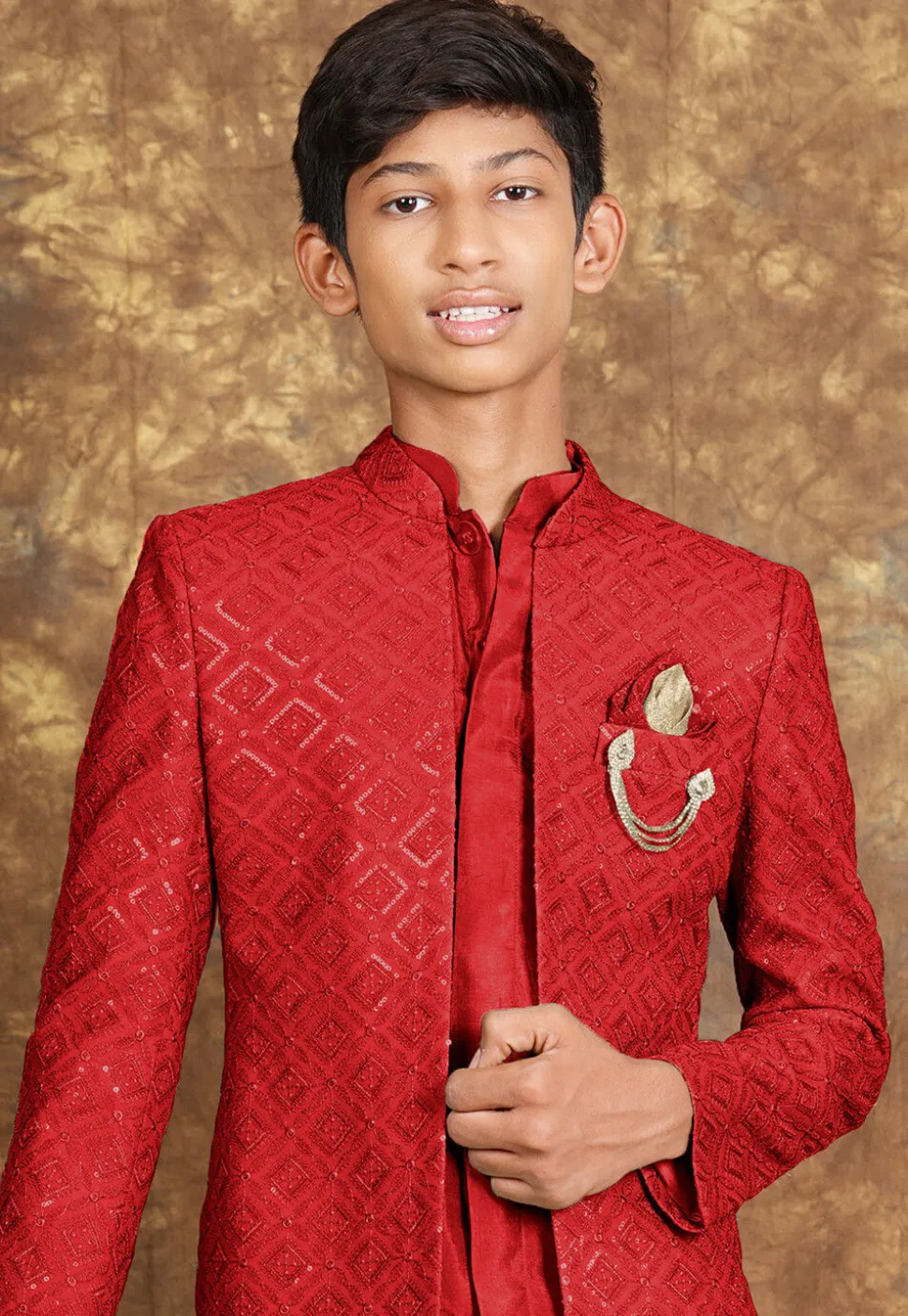 Embroidered Cotton Silk Sherwani in Red