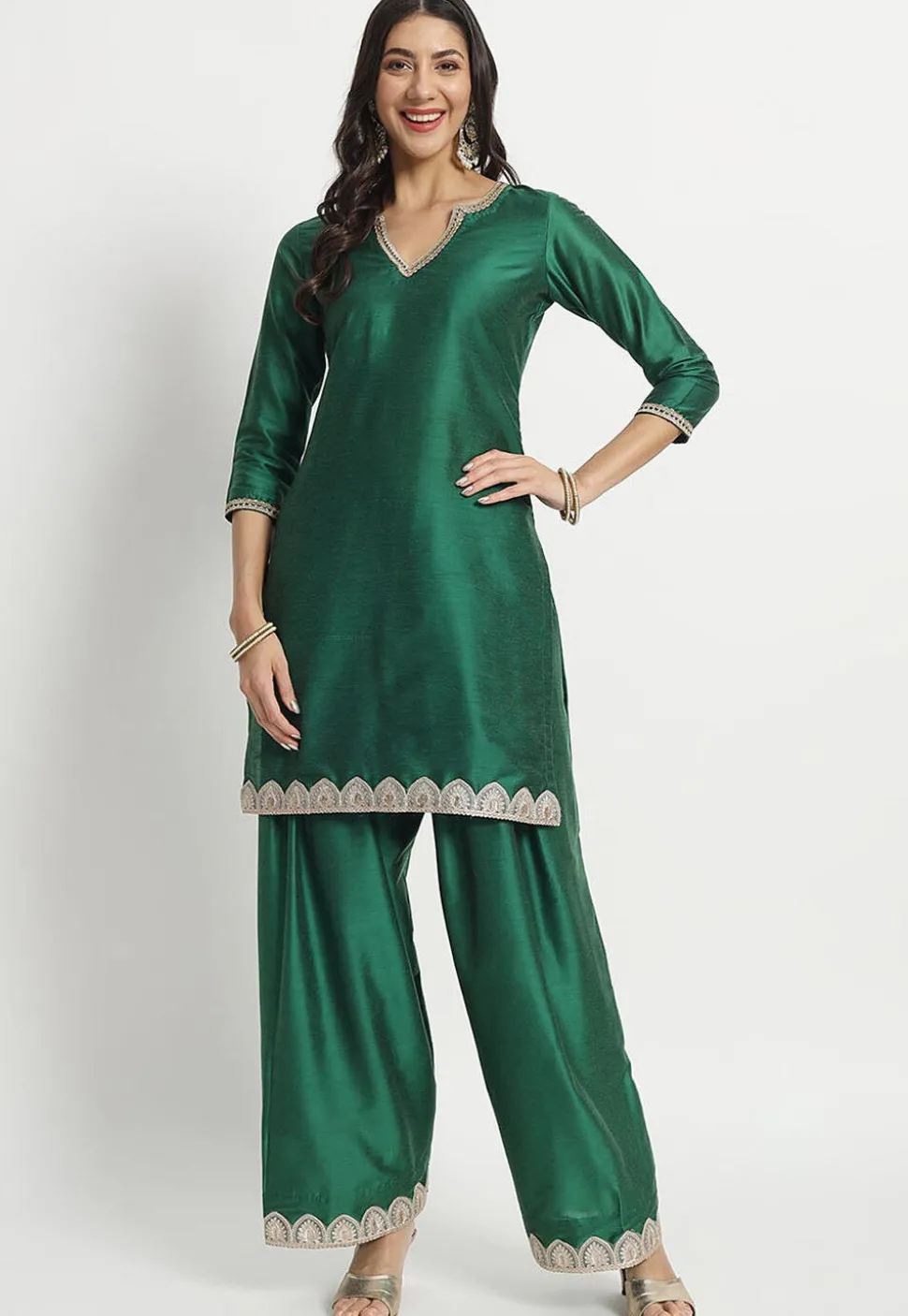 Embroidered Cotton Silk Staight Kurta Set in Dark Green