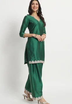 Embroidered Cotton Silk Staight Kurta Set in Dark Green