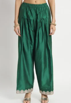 Embroidered Cotton Silk Staight Kurta Set in Dark Green