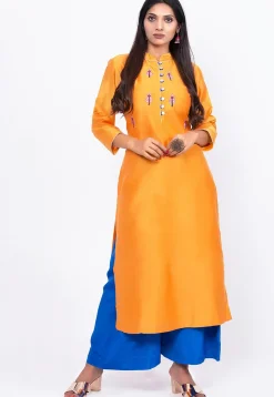 Embroidered Cotton Silk Straight Kurta in Mustard